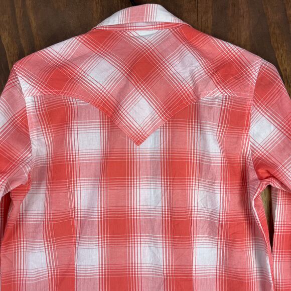 Wrangler Womens Shirt Orange White Plaid Pearl Snap Button Down Small - Picture 12 of 13